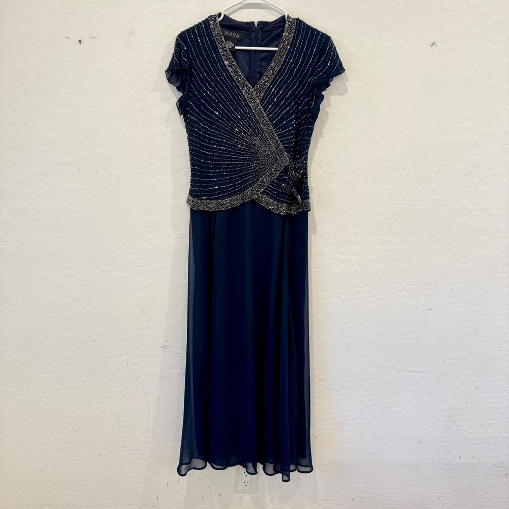 J Kara Beaded Gown Womens 6 Navy Blue Silver Maxi Dress Modest Wrap Top